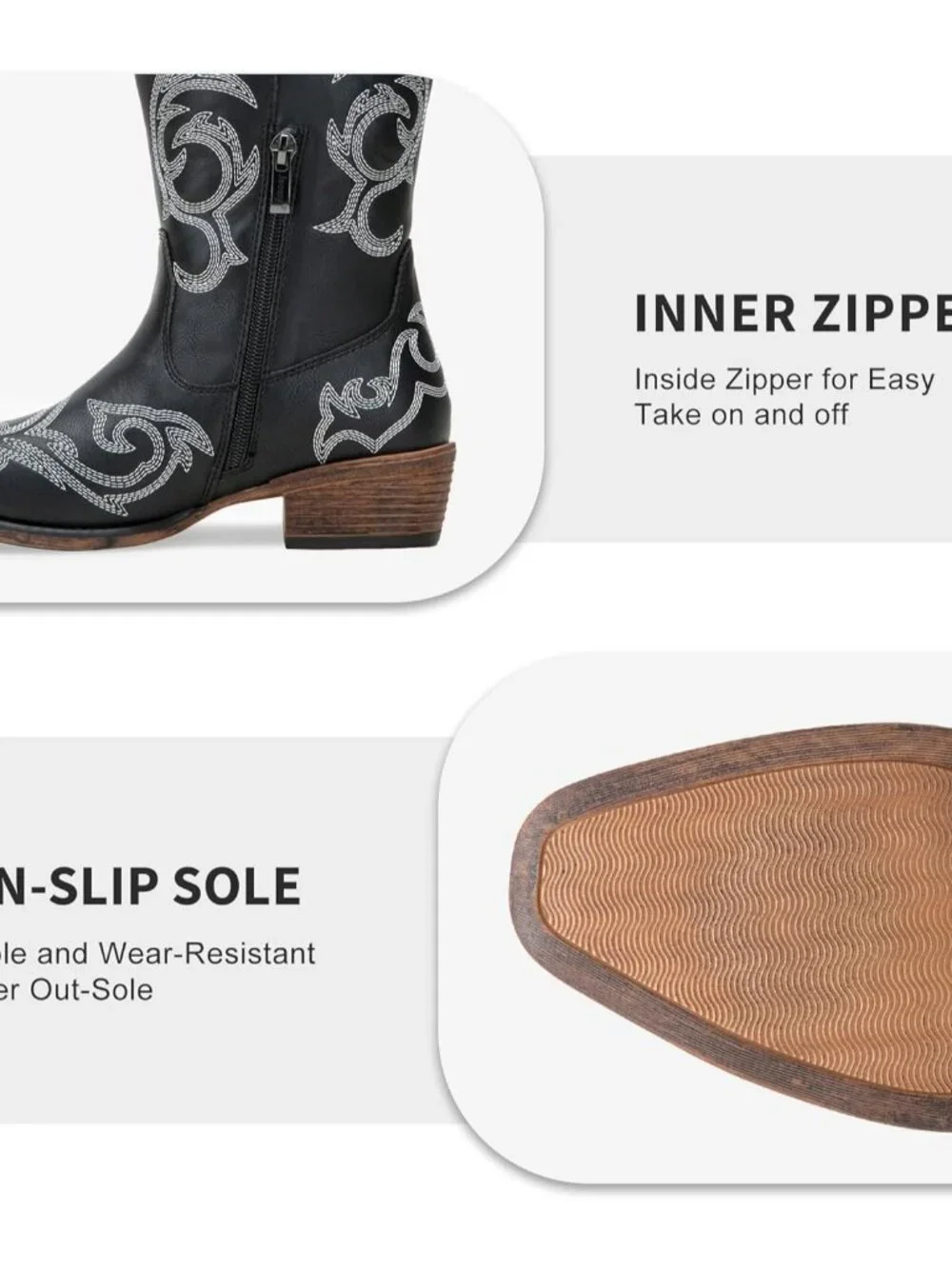 Women's Black Wide Calf with Low Chunky Heel Cowgirl Western Embroidered Boots - Picture 4 of 6